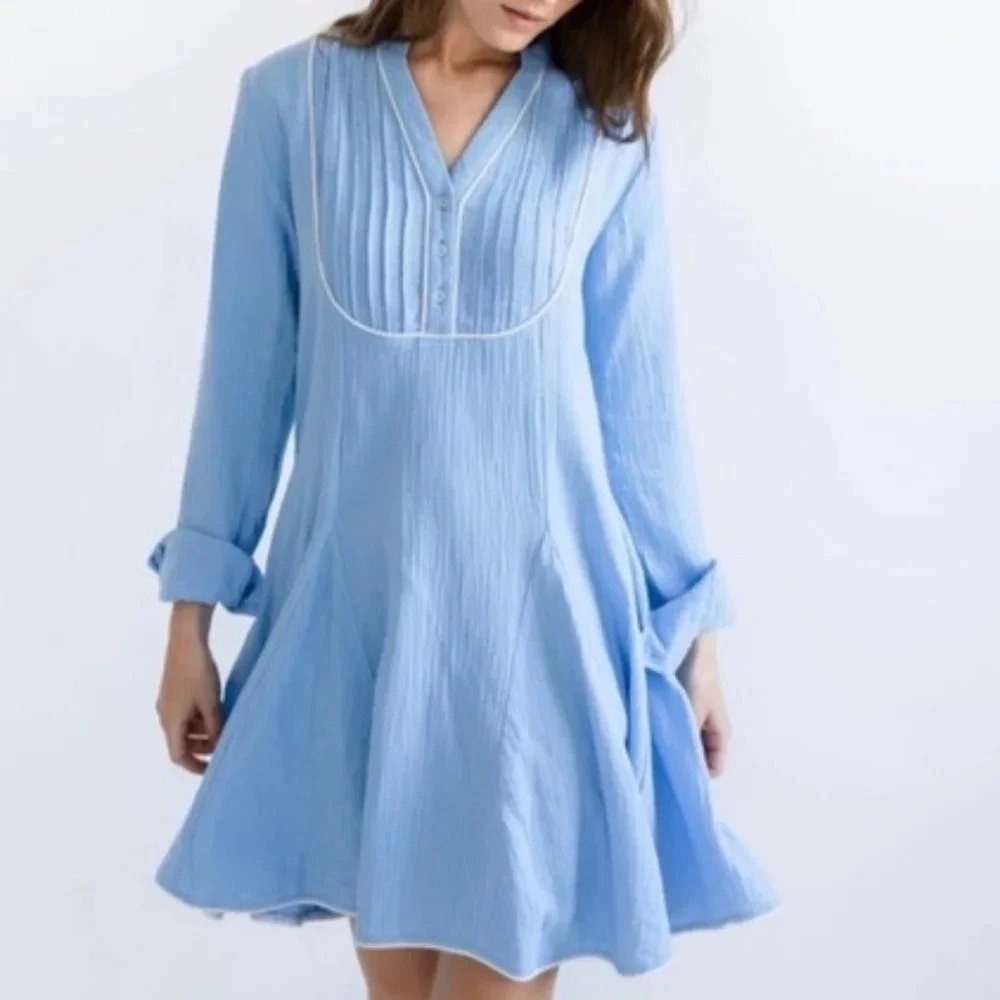 Alice Walk Blue Gauze Pleated Bib Mini Dress Long Sleeve Size S